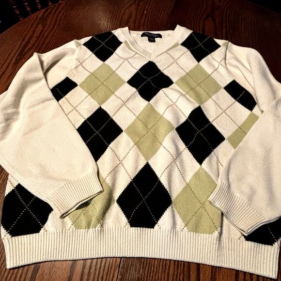 Brooks Brothers Sweater Men's L Cream/Green Argyle V Neck Golf Cotton Cashmere - Picture 2 of 11